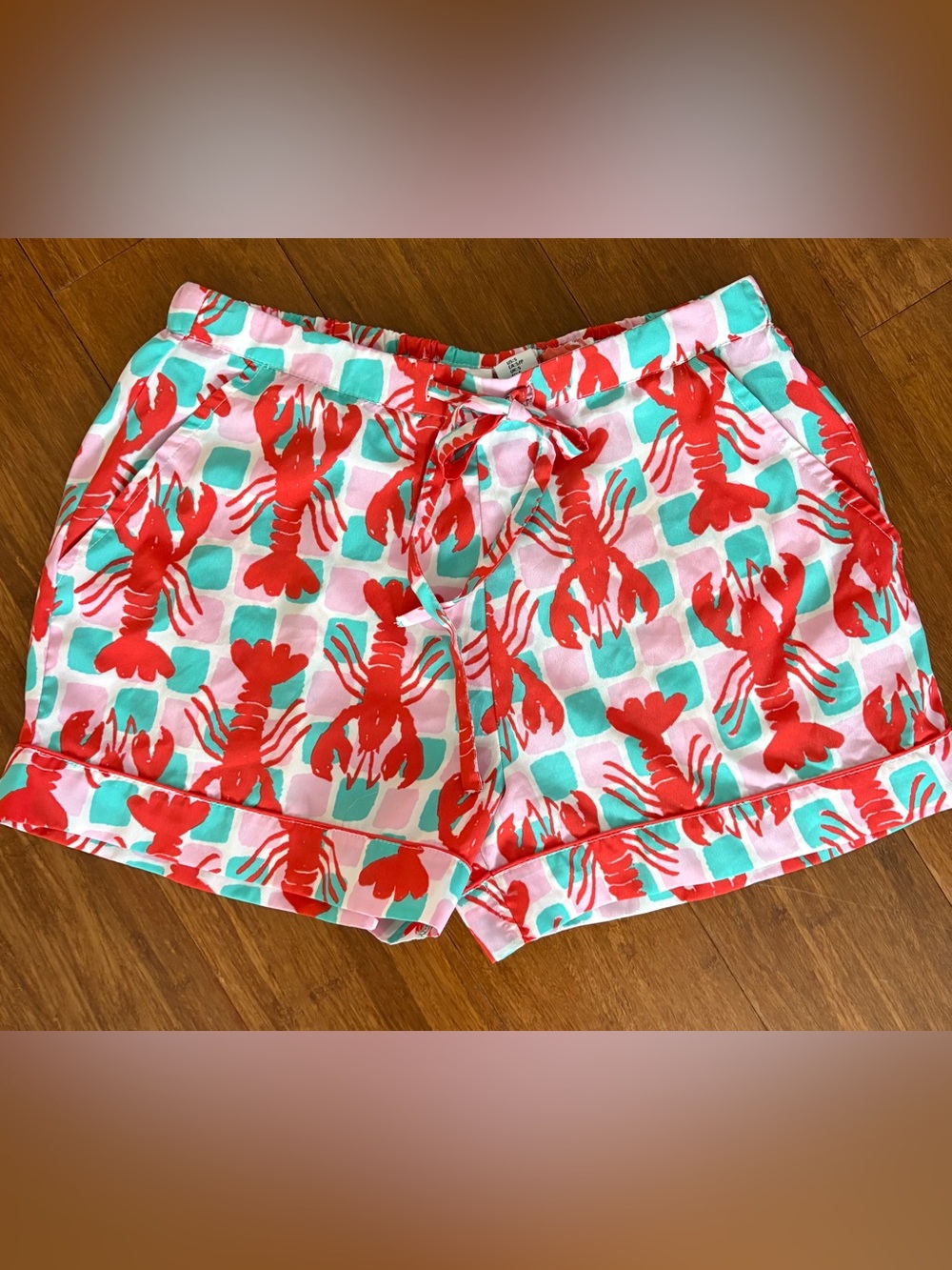 Shorts Lounge Casual Red Pink Mint Lobster Print Drawstring Silky PJ Shorts S